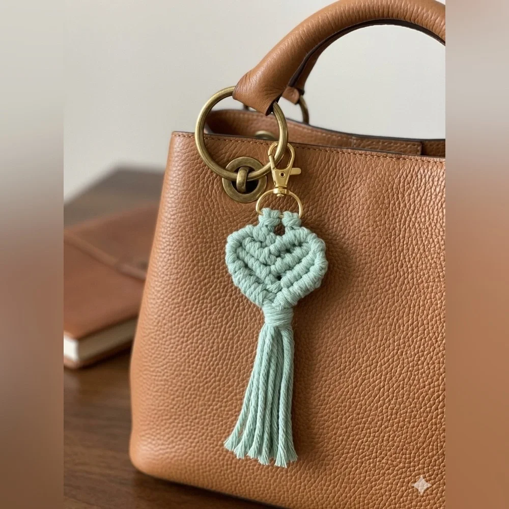 HANDCRAFTED Macrame Heart Lt Green Bag Charm Keychain Bohemian Purse Jewelry NEW